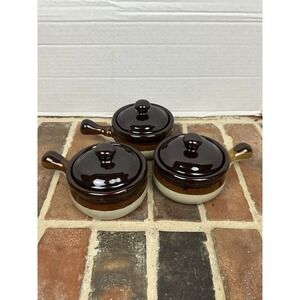 Vintage 70s Single Serve Soup Crock w Lids Set Of Three Glazed Stoneware Handles